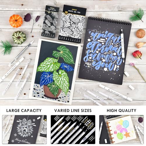White Acrylic Ink Pens for Drawing, Fine Point White Gel Pens, Fine, Round & Brush Tip Opaque Acrylic Markers for Black Paper Drawing, Sketching, Illustration, Card Making, Set of 10 - size: 10