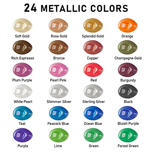 ABEIER Metallic Acrylic Paint, Set of 24 Metallic Colors in 2oz/60ml Bottle, Rich Pigments, Non Fading, Non Toxic Paints for Artist, Beginners & Kids Painting on Rocks Crafts Canvas Wood, Fabric&Stone - style: Metallic Colors