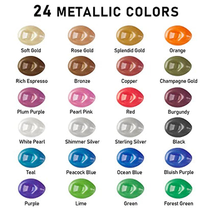 ABEIER Metallic Acrylic Paint, Set of 24 Metallic Colors in 2oz/60ml Bottle, Rich Pigments, Non Fading, Non Toxic Paints for Artist, Beginners & Kids Painting on Rocks Crafts Canvas Wood, Fabric&Stone - style: Metallic Colors