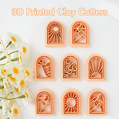 Puocaon Boho Landscape Clay Cutters - 8 Shapes Clay Cutters for Polymer Clay Jewelry Making, Sun Ray Polymer Clay Cutters for Earrings, Arch Clay Cutters Boho Mountain Scene Earrings Making Set - color: arch frame