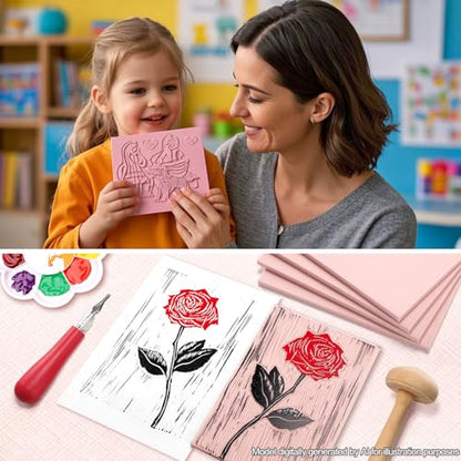 Bobblebro Linocut Kit for Printmaking with 5PCS 4"x6" Soft Rubber Linoleum Blocks, Brayer & Carving Tools – Block Printing & Stamp Making Supplies for Beginners & Artists