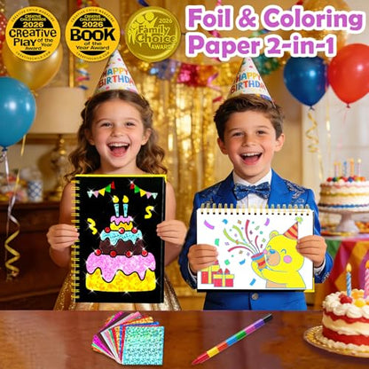FUNNYB&G Foil Art Craft Kit for Kids 4-10 Years Old: Mess-Free & No-Glue, Create 16 Sparkly Happy Birthday Pictures – Perfect Travel Toy & Birthday Gift for Kids（Happy Birthday） - style: Happy Birthday