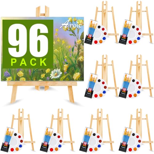 AROIC 96 PCS Painting Supplies Set with Easels, 8 PCS Wood Easels, 8 Packs of 80 Brushes with Nylon Brush Head and 8 PCS Palettes, Tabletop Wooden Art Easel for Kids & Adults Sip and Paint Party - style: 96Pcs(8 Sets)