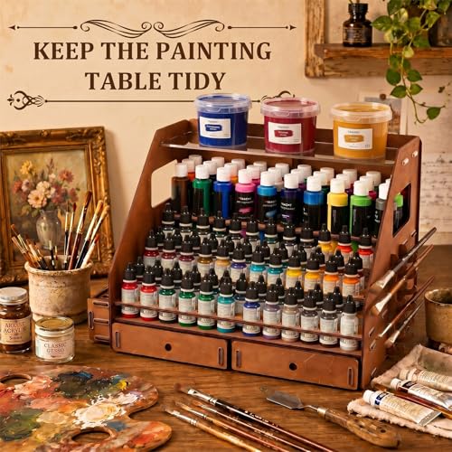 Colingmill 128 Holes Wooden Paint Organizer with Acrylic Storage Shelf 26 Brush Slots, 6 Drying Slots 2 Miniature Paint Handles 2 Drawers for Miniature Paints Storage 2oz and 17ml Bottles