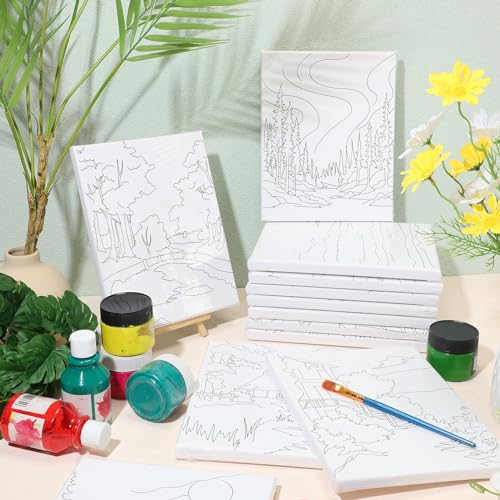 Zhanmai 72 Pcs 12 Sets Sip and Paint Kit Pre Drawn Canvas for Painting 8" x 10" Paint Party Canvas Painting Pre Printed Canvases for Party Favor DIY Virtual Adult's Date Night(Natural Scenery) - style: Natural Scenery