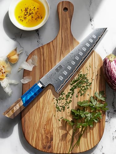 HOSHANHO Damascus Santoku Knife 7 Inch, 67-Layer Damascus Steel Chef Knife, Ultra Sharp Professional Kitchen Knives with Ergonomic Blue Resin Stabilized Wood Handle and Wood Gift Box - size: 7"