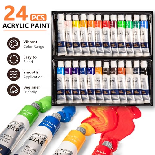 DJAR 49 Pcs Acrylic Paint Set with Tabletop Easel Box, 24 Colors | All-in-One Painting Kit with Sketchbook, Painting Pads & Palette, Complete Art Supplies Kit for Adults, Teens, and Beginners - style: Tabletop Easel Set
