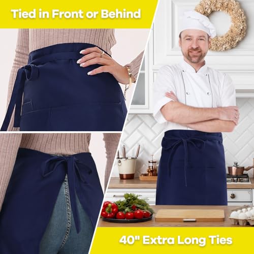 ROTANET Long Server Apron Black with 3 Pockets Bistro Half Aprons for Men Women Waiter Waitress Chef 28 Inch Waterproof - color: Navy Blue