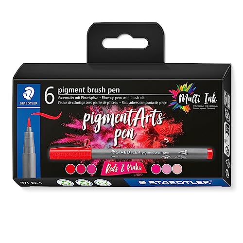 STAEDTLER Pigment Arts Brush Pen, Reds & Pinks, Pack of 6 Pens, 371 C6-1 Grey - color: Grey