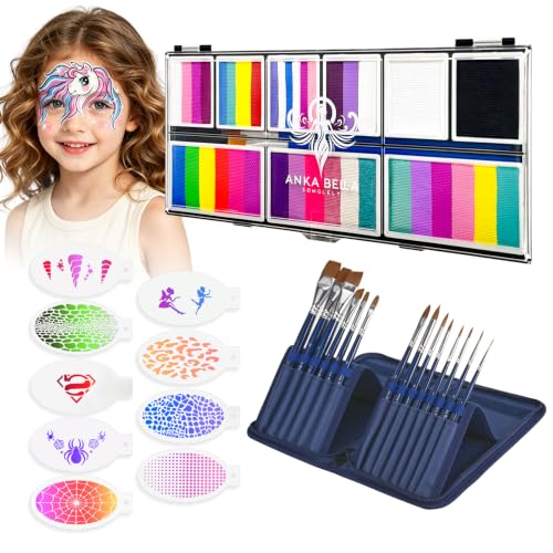 Anka Bella Face Painting Kit for Kids, 12 Colors Water Activated Face Paint Palette with Brushes, Sponges & Stencils, Non-Toxic Hypoallergenic Washable Face Paint Professional for Drawing Unicorn - color: UnicornGlow Palette