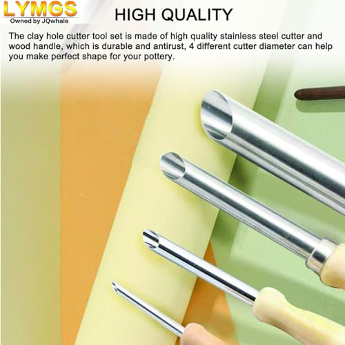 LYMGS Clay Circular Hole Cutter Tool Set, Wood Handle & Stainless Steel Round Hole Cutter for Pottery Sculpture DIY Clay Modeling, 4 Sizes a Pack