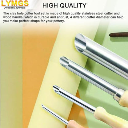 LYMGS Clay Circular Hole Cutter Tool Set, Wood Handle & Stainless Steel Round Hole Cutter for Pottery Sculpture DIY Clay Modeling, 4 Sizes a Pack