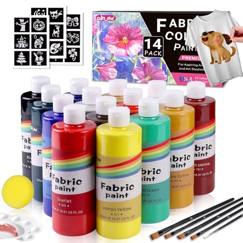 Colorful 14 Colors Permanent Fabric Paint for Furniture, 16.65 oz (500 ml) Fabric Paint for Clothes, Soft Rich Pigment Non-Toxic Textile Paint for Fabric DIY Crafts T-shirts Shoes Jeans for Adult - color: 14colors, size: 16.64 Fl Oz (Pack of 14)