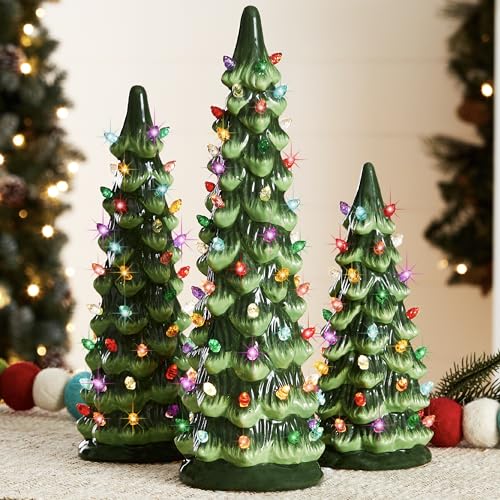 Best Choice Products Set of 3 Ceramic Christmas Trees, Pre-Lit Hand-Painted Tabletop Holiday Decoration w/Multicolor Bulbs, LED Lights – Green - color: Green W/ Multicolor Lights, size: 3pc Set: 8-10-12 Inch