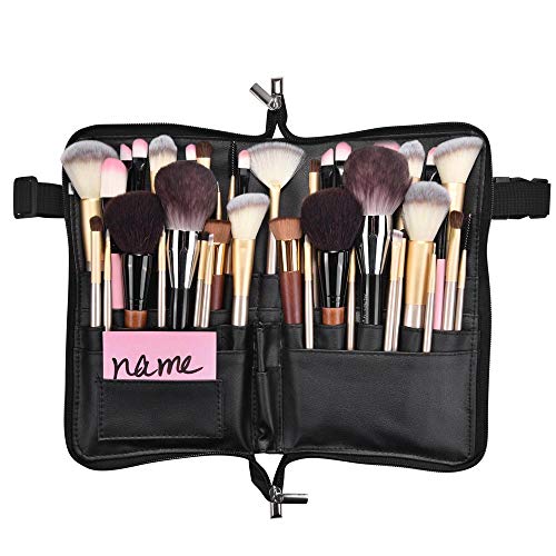 BYOOTIQUE 2in1 Multi Brush Holder Waist Zipper Bag Professional Portable Foldable Cosmetic Makeup Pouch with Belt Strap Artist Storage Organizer - color: Black 2in1