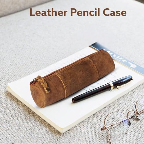 Leather Pencil Case -100% Leather Zippered Pen Pouch - Stationery Bag Pen Holder for Work & Office (Antique Brown) - color: Antique Brown