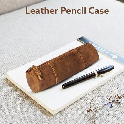 Leather Pencil Case -100% Leather Zippered Pen Pouch - Stationery Bag Pen Holder for Work & Office (Antique Brown) - color: Antique Brown