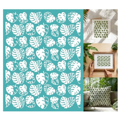 2 Sheets Monstera Leaf Silk Screen Stencil, Tropical Leaf Self-Adhesive Silk Screen Printing Stencils Reusable Mesh Stencil for Painting on Wall, Wood, T-Shirt, Home Craft Decor - style: Tropical Leaf