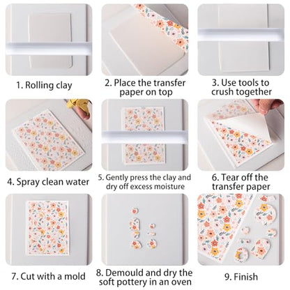 Clay Transfer Paper, 4Pcs Flower Small Fresh Themed Polymer Clay Transfer Sheets with Mud Press Rod and 2mm Thickness Ruler for DIY Craft - color: Flower