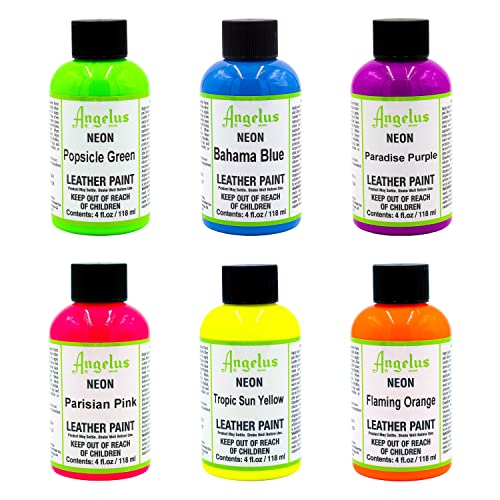 Angelus 4oz Neon Leather Paint 6 Pack Starter Kit Set For Paint, Shoes, Boots, Jackets, Shirts, Art, Crafts, & More