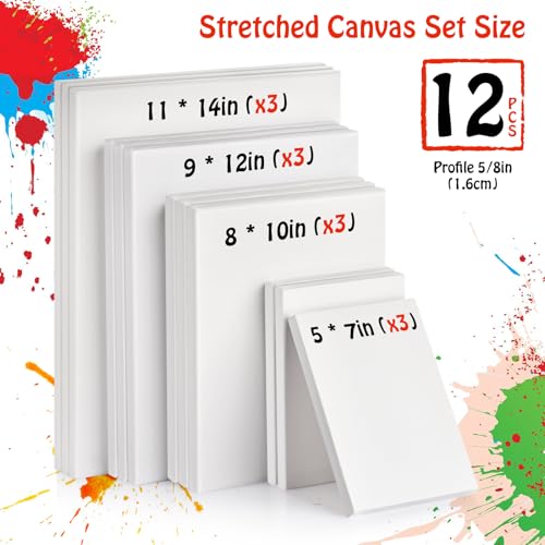 Stretched Canvas - 5x7, 8x10, 9x12, 11x14 (3 of Each) Total 12 Canvas Pack - 100% Cotton Blank Canvases for Oils Acrylics and Pouring - size: 12 Packs -4Sizes (3 of Each)