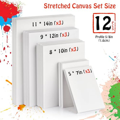 Stretched Canvas - 5x7, 8x10, 9x12, 11x14 (3 of Each) Total 12 Canvas Pack - 100% Cotton Blank Canvases for Oils Acrylics and Pouring - size: 12 Packs -4Sizes (3 of Each)