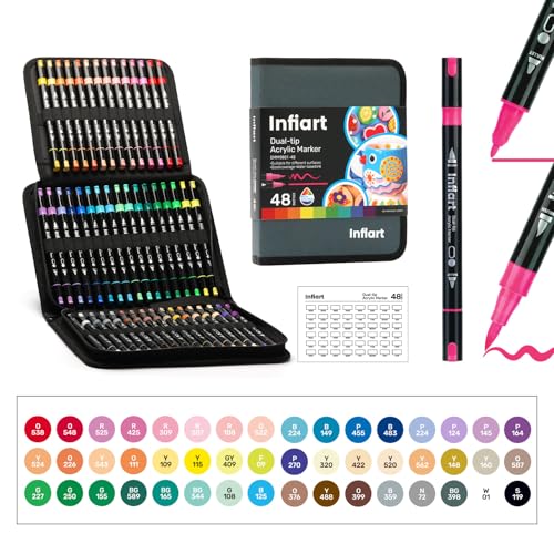 Dual-Tip Acrylic Paint Markers, 48 Colors Acrylic Paint Pens, High Coverage for Rock, Fabric, Ceramic, Glass, Wood, Canvas, Scrapbooking & DIY Art Supplies – Soft Brush & Fine Tip - color: 48 Colors