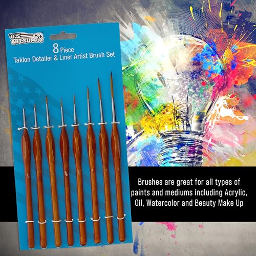 U.S. Art Supply 8 Piece Taklon Detail and Liner Artist Brush Set with Wood Comfort Grip Handles - Art, Detailing, Acrylic, Oil, Watercolor - style: 8-Piece