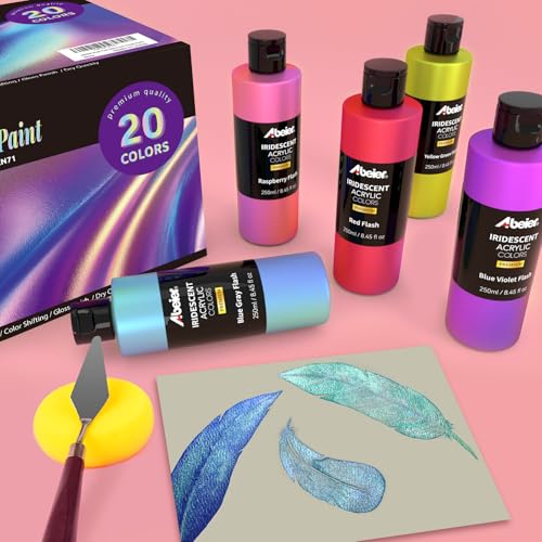 ABEIER Iridescent Acrylic Paint, Set of 20 Chameleon Colors, 8.45 oz/250ml Large Bulk Bottles, Color-shifting, Non-Toxic, High Viscosity, Blendable, Paints on Rocks Crafts Canvas Wood, Fabric, Ceramic & Stone - color: 20 Colors