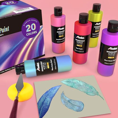 ABEIER Iridescent Acrylic Paint, Set of 20 Chameleon Colors, 8.45 oz/250ml Large Bulk Bottles, Color-shifting, Non-Toxic, High Viscosity, Blendable, Paints on Rocks Crafts Canvas Wood, Fabric, Ceramic & Stone - color: 20 Colors