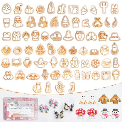 70 Pcs Fall Winter Polymer Clay Cutters, Halloween Thanksgiving Christmas | Pumpkin, Ghost, Turkey, Snowflake & Gingerbread Shapes, 0.4mm Sharp Edge, Clean Cuts, Less Sanding, Storage Box