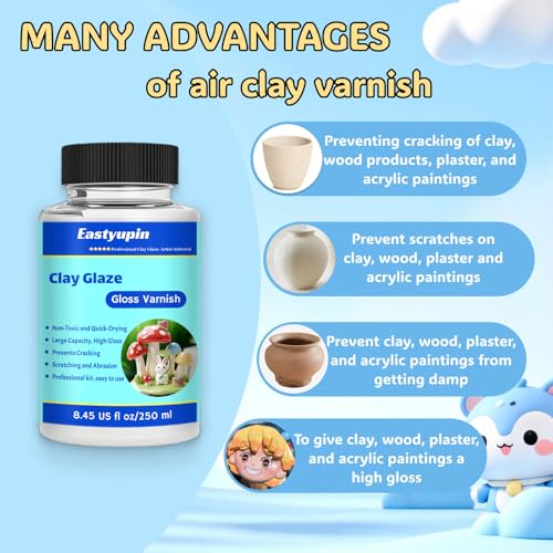 Air Dry Clay Glaze, 8.45fl Oz/250ml Clay Varnish,Pottery Glaze,with Measuring Cup Brush Petgloves, Scratch Resistant, Waterproof, Prevents Cracking, High-Gloss, Suitable for Clay Crafts