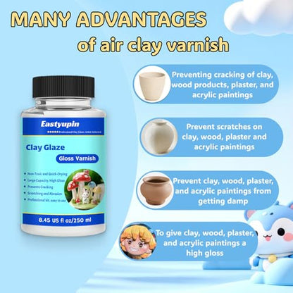 Air Dry Clay Glaze, 8.45fl Oz/250ml Clay Varnish,Pottery Glaze,with Measuring Cup Brush Petgloves, Scratch Resistant, Waterproof, Prevents Cracking, High-Gloss, Suitable for Clay Crafts