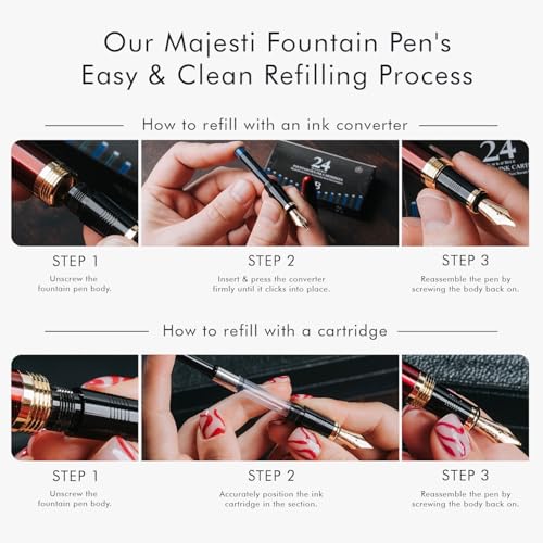 Wordsworth & Black Majesti Fountain Pen-(Checked), Luxury Case, Chrome Finish; Fine Nib- Ink Cartridges, Refillable Ink Converter-Calligraphy Pen-Best Business Gift Set for Men & Women | Checked, Gift for Men Women, Chrome Finish, 18K German Iridium, Call