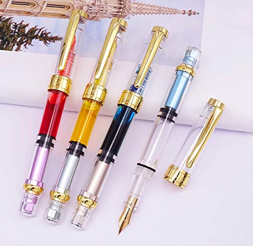Lanxivi 4 Colors Yongsheng 3008A Fountain Pen Piston Filling Upgraded Fine Nib,Transparent Gold Trim - color: 3008A Gold Trim F