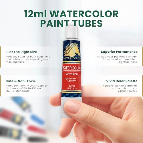 MyArtscape Watercolor Paint Set – 12 x 12ml Highly Pigmented Paint Tubes for Artists, Beginners & Hobbyists | Vibrant Transparent Colors for Blending & Layering