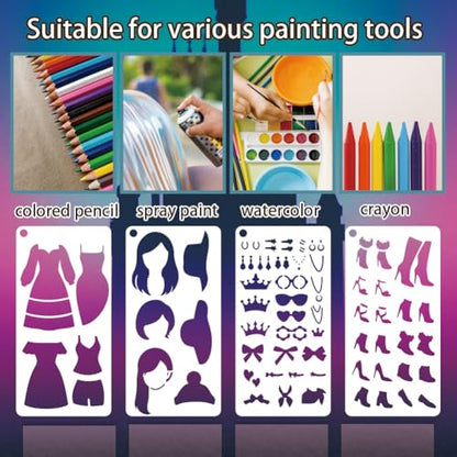 12 Sheets Fashion Cartoon Doll Painting Stencil, 12 Styles DIY Clothing Overlay Drawing Templates Pop Art Fashion Plastic Art Templates for Painting on Wall Wood Home Decor - style: Cartoon Doll
