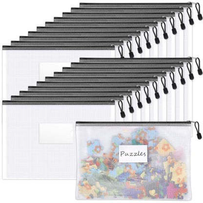 Sooez 20 Pack Mesh Zipper Pouch Bags, A4 Letter Size Zipper Bag with Label Pocket, Waterproof Bag for Classroom Organizer, School Office Supplies, Storage Pouches for Board Game Toy Storage, Black - style: 20 Pack (All Black)