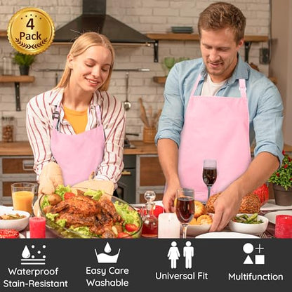 4 Packs Chef Apron with 2 Pockets, Waterproof Adjustable Apron for Men Women Perfect for Kitchen Cooking Baking Gardening Restaurant BBQ Coffee House, Professional Apron (Pink) - color: Pink