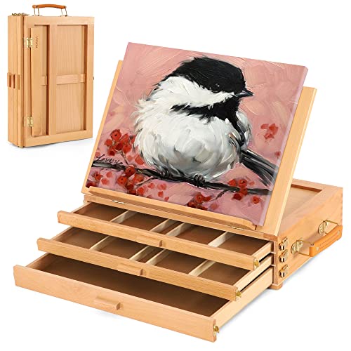 VISWIN Large Tabletop Easel with 3 Storage Drawers, Adjustable Beech Wood Table Top Easel for Painting, Portable Sketch Box for Art Supplies, Desktop Travel Art Easel for Adults, Artists, Students - size: With 3 drawers