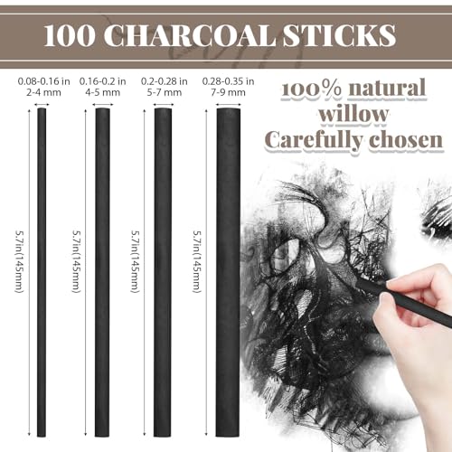 Gueevin 100 Pcs Willow Charcoal Sticks, Willow Charcoal, Artists, Beginners, Students, Perfect for Sketching, Drawing, Shading, and Fine Back to School Christmas Art Gifts (2-4mm,4-5mm,5-7mm,7-9mm) - size: 2-4mm,4-5mm,5-7mm,7-9mm