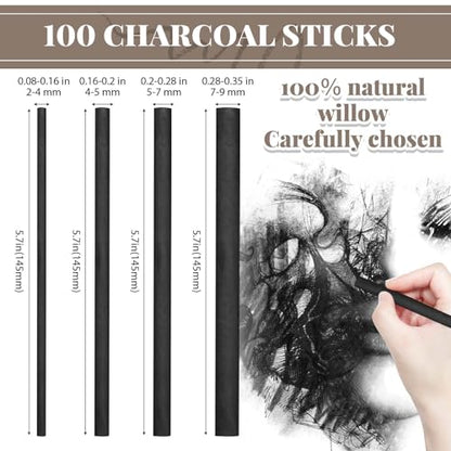 Gueevin 100 Pcs Willow Charcoal Sticks, Willow Charcoal, Artists, Beginners, Students, Perfect for Sketching, Drawing, Shading, and Fine Back to School Christmas Art Gifts (2-4mm,4-5mm,5-7mm,7-9mm) - size: 2-4mm,4-5mm,5-7mm,7-9mm
