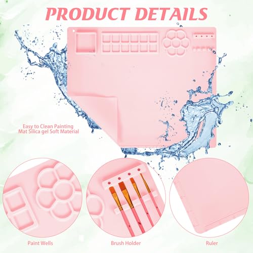 Painting Station, Paint Brush Cleaner (Pre-Assembled) and Silicone Painting Mat 20"X16" Silicone Art Mat with 10 Paint Brushes for Artist Kids Adults Birthday Gifts (Pink) - color: Pink