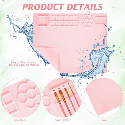 Painting Station, Paint Brush Cleaner (Pre-Assembled) and Silicone Painting Mat 20"X16" Silicone Art Mat with 10 Paint Brushes for Artist Kids Adults Birthday Gifts (Pink) - color: Pink