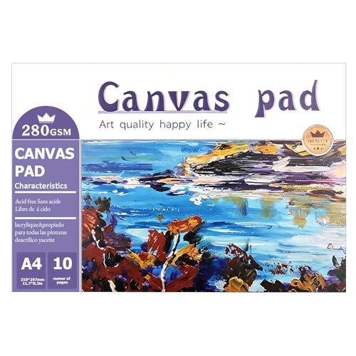 A4 Canvas Paper Pad for Acrylic Painting, 280GSM Heavyweight Canvas Notebook 10 Sheets, Acrylic Paper Painting Book for Oil Paint, Gouache and Mixed Media, Bound Canvas Pad for Artists and Beginners