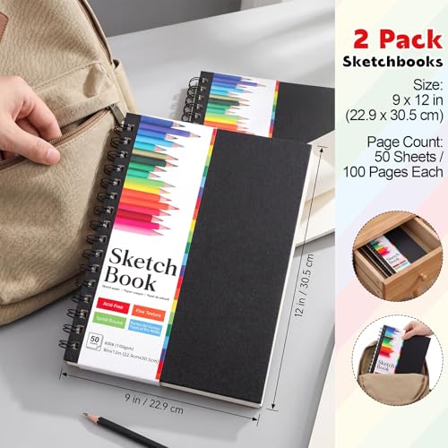 9" x 12" Sketch Book, 2-Pack 50 Sheets Top-Spiral Bound Sketchbook Drawing Pad, 100gsm Perforated Pages Art Supplies for Beginner Artists Students Drawing Painting Sketching - size: 9x12