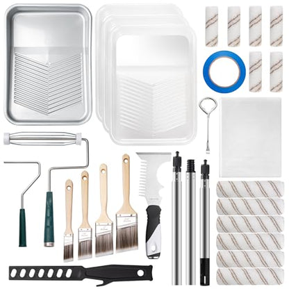 Mister Rui 28 Pack Paint Roller Kit with Extension Pole, 4" & 9" Paint Roller with Tray, Professional Paint Brushes Set, Painting Supplies for Home Interior, Walls, Ceilings