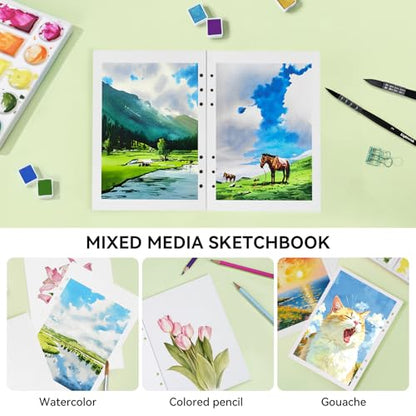 LIGHTWISH Watercolor Paper Bulk, 100% Cotton Cold Press 600gsm, 2 Pack, Total 24 Sheets A5 Hole-Punched Replaceable Paper for Artists, Adults,Students,5.8 * 8.2 Inches