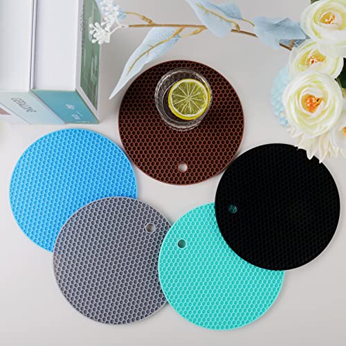 5 Pcs Round Silicone Trivets Pot Holder Mats,Extra Thick Heat Resistant Kitchen Countertop Mats,Honeycomb Rubber Hot Pads Trivets for Hot Dishes,Flexible Jar Opener Multi-Purpose Coasters Teal - color: Teal