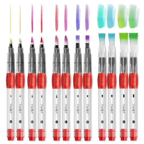 JusArt Water Brush Pens 12-Pack Leak-Proof Refillable Watercolor Pens for Acrylic and Gouache Painting - Includes Pointed & Flat Tip Styles - Portable Water Brushes for Artists, Beginners, Adults - color: 12 Pcs Red